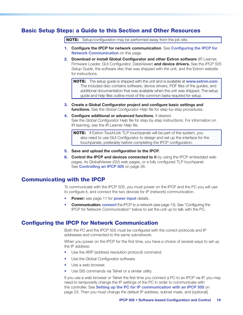 Communicating with the ipcp, Configuring the ipcp for network communication, Basic setup steps: a guide to this section and | Other resources, Communication | Extron Electronics IPCP 505 User Guide User Manual | Page 25 / 96