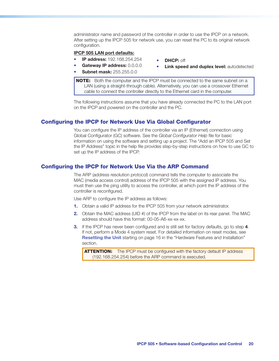 Configuring the ipcp for network use, Via global configurator, Via the arp command | Extron Electronics IPCP 505 User Guide User Manual | Page 26 / 96