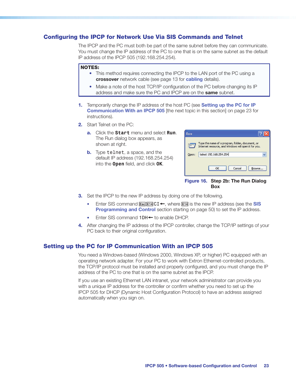 Configuring the ipcp for network use, Via sis commands and telnet, Setting up the pc for ip communication | With an ipcp 505, Ess of the host pc. see, Setting up the pc for ip, Communication with an ipcp 505 | Extron Electronics IPCP 505 User Guide User Manual | Page 29 / 96