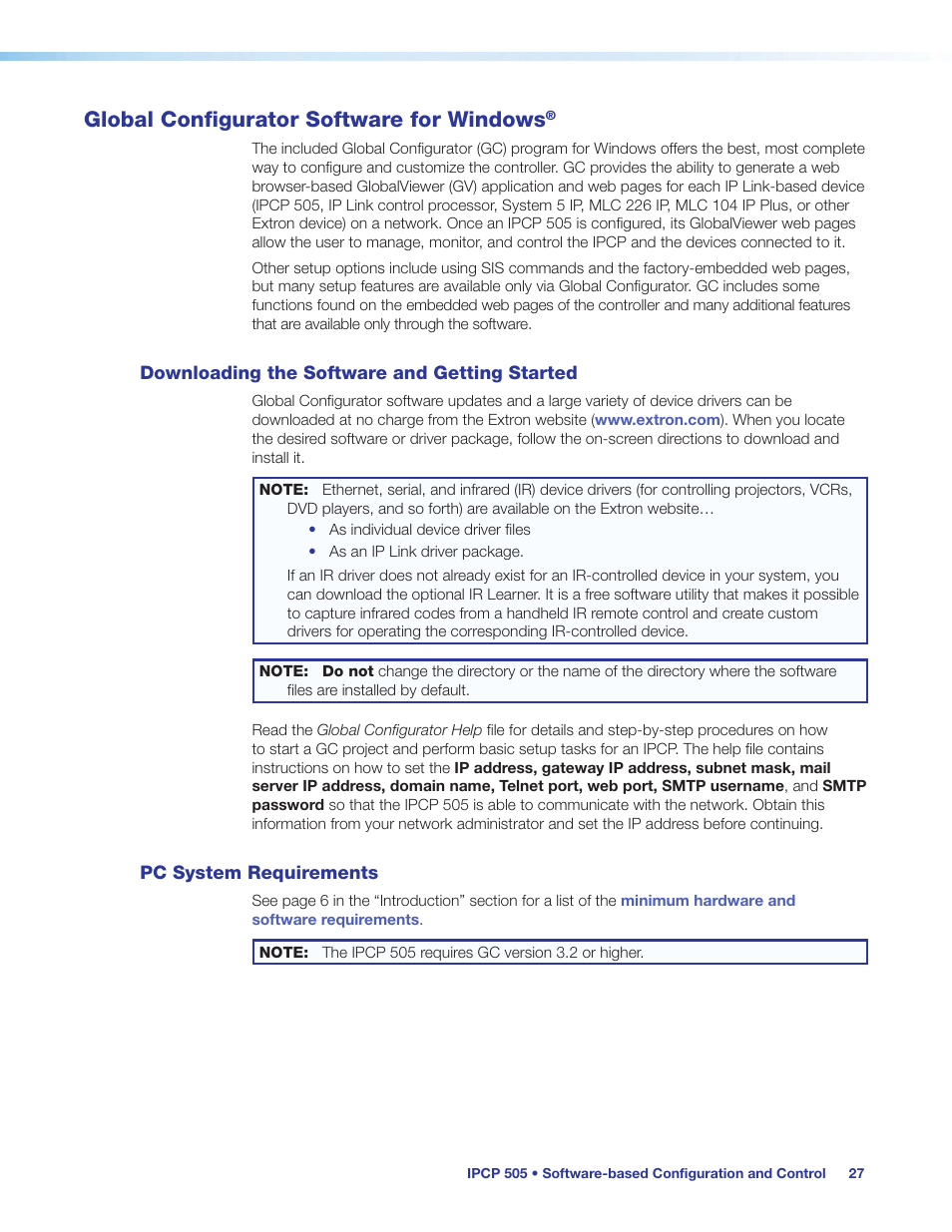 Global configurator software for windows, Downloading the software and getting started, Pc system requirements | Downloading the software and, Getting started | Extron Electronics IPCP 505 User Guide User Manual | Page 33 / 96