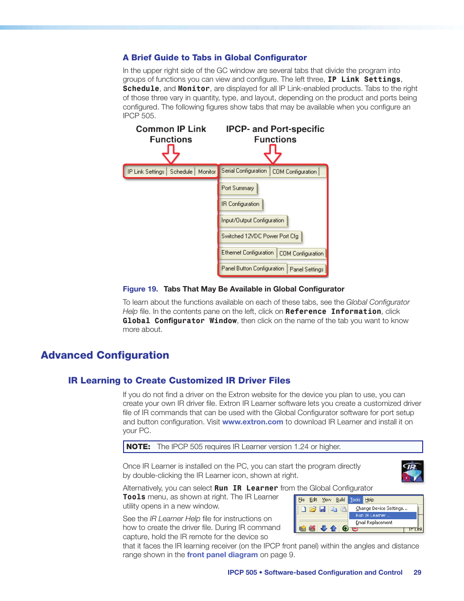 Advanced configuration, Ir learning to create customized ir driver files, Ir learning to create customized | Ir driver files | Extron Electronics IPCP 505 User Guide User Manual | Page 35 / 96
