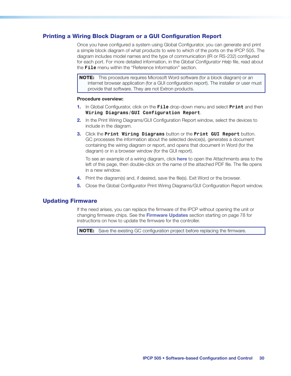 Updating firmware, Printing a wiring block diagram or a gui, Configuration report | Extron Electronics IPCP 505 User Guide User Manual | Page 36 / 96