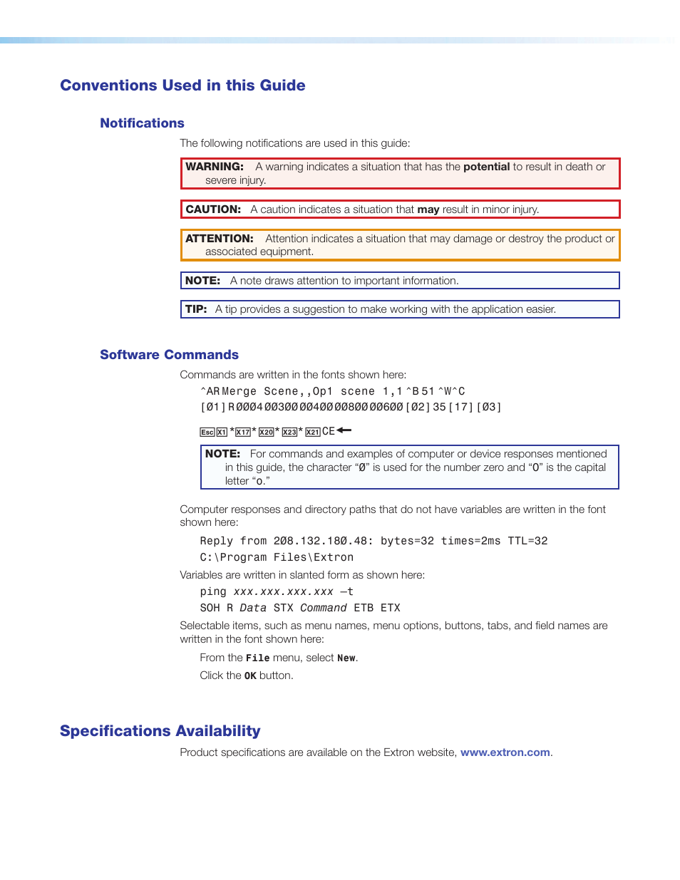 Conventions used in this guide, Notifications, Software commands | Specifications availability | Extron Electronics IPCP 505 User Guide User Manual | Page 4 / 96
