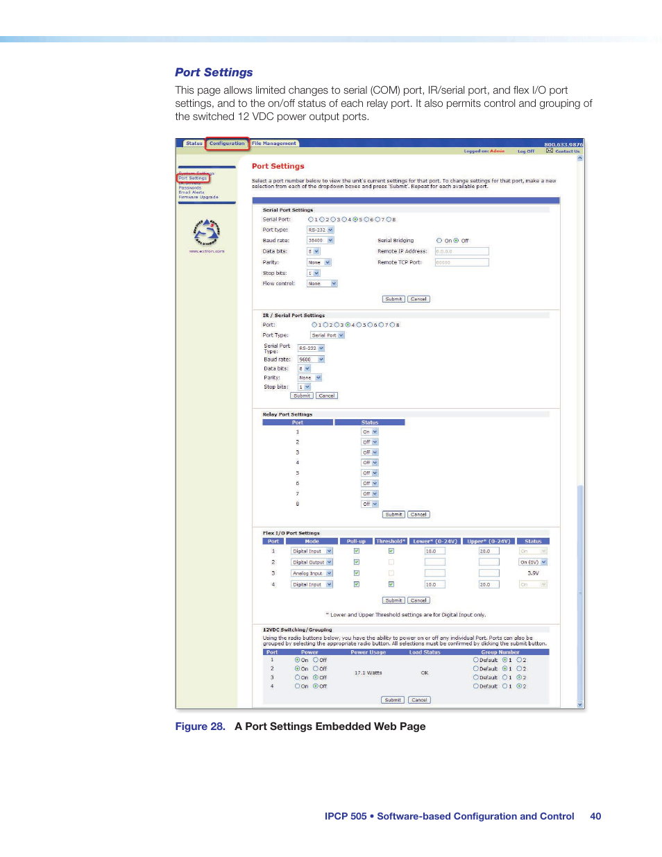 Use gc (see the help file for details), the, Port settings | Extron Electronics IPCP 505 User Guide User Manual | Page 46 / 96