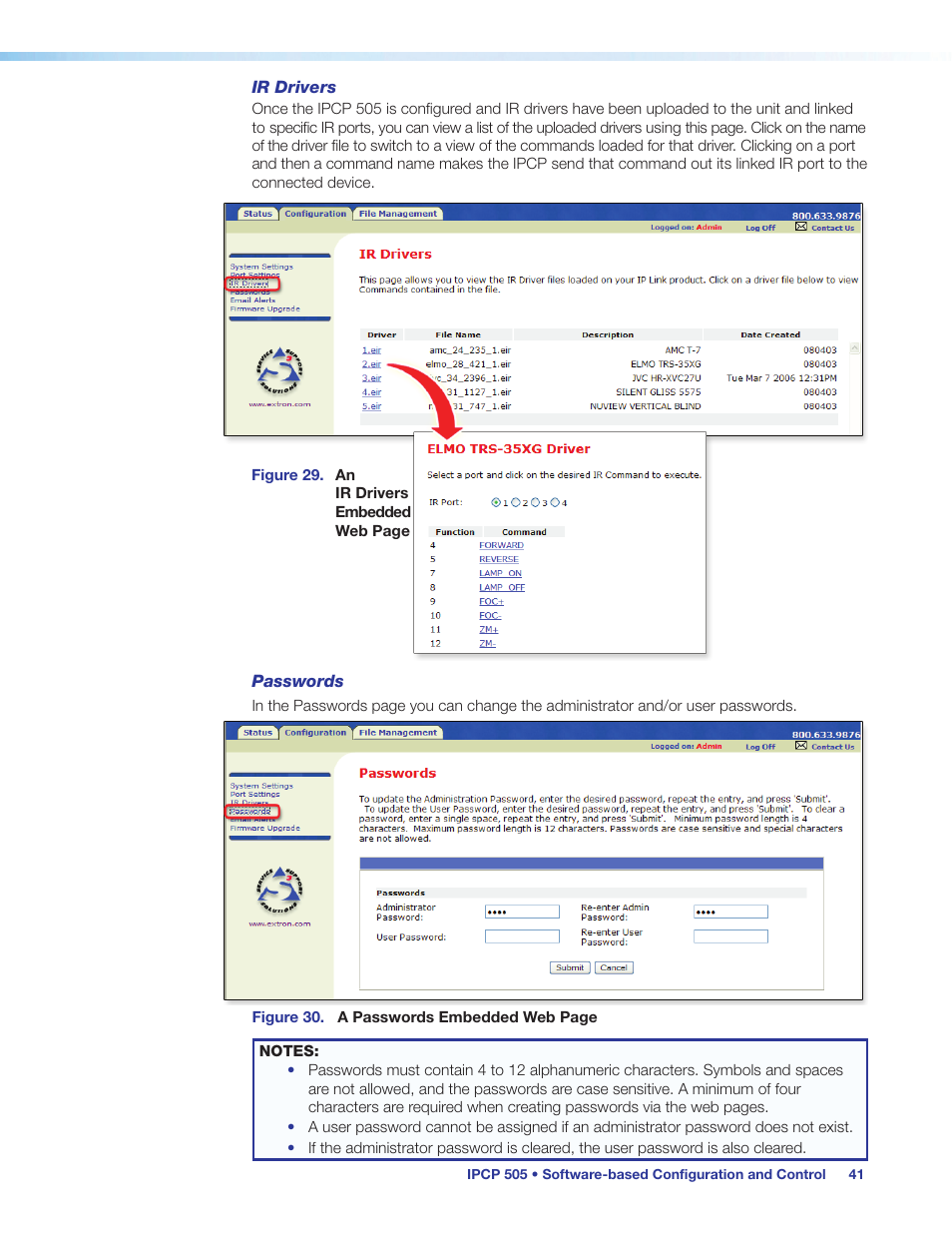 Ir drivers, Passwords | Extron Electronics IPCP 505 User Guide User Manual | Page 47 / 96