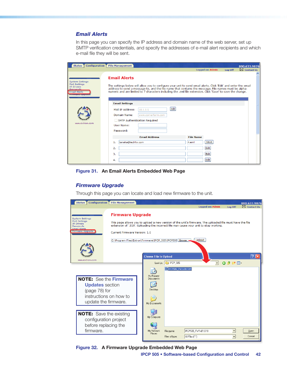 Email alerts, Firmware upgrade | Extron Electronics IPCP 505 User Guide User Manual | Page 48 / 96