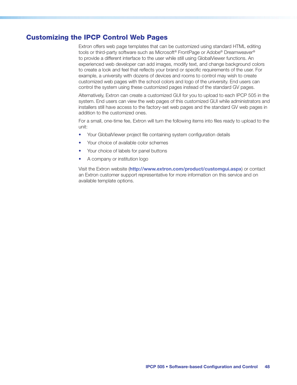 Customizing the ipcp control web pages | Extron Electronics IPCP 505 User Guide User Manual | Page 54 / 96