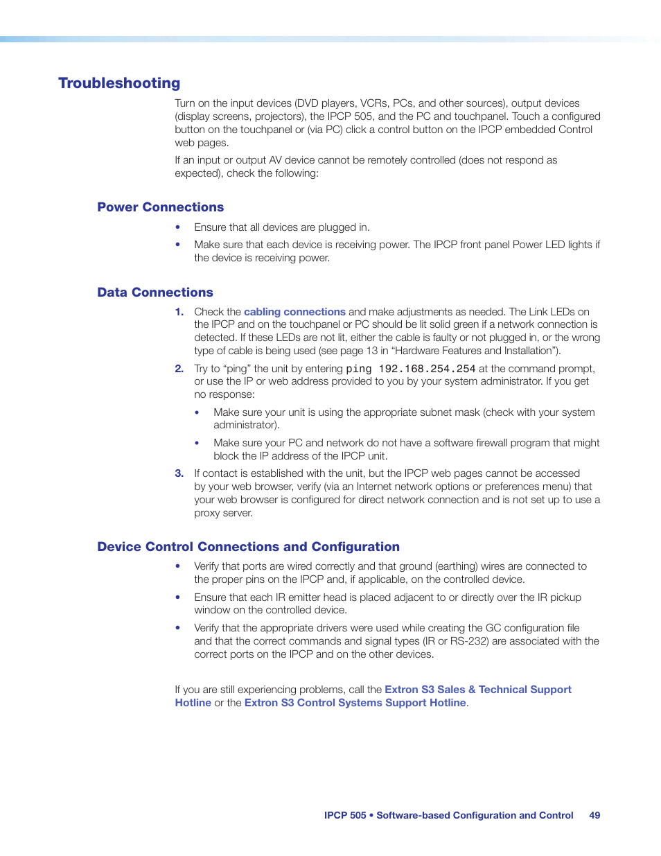 Troubleshooting, Power connections, Data connections | Device control connections and configuration, Configuration | Extron Electronics IPCP 505 User Guide User Manual | Page 55 / 96