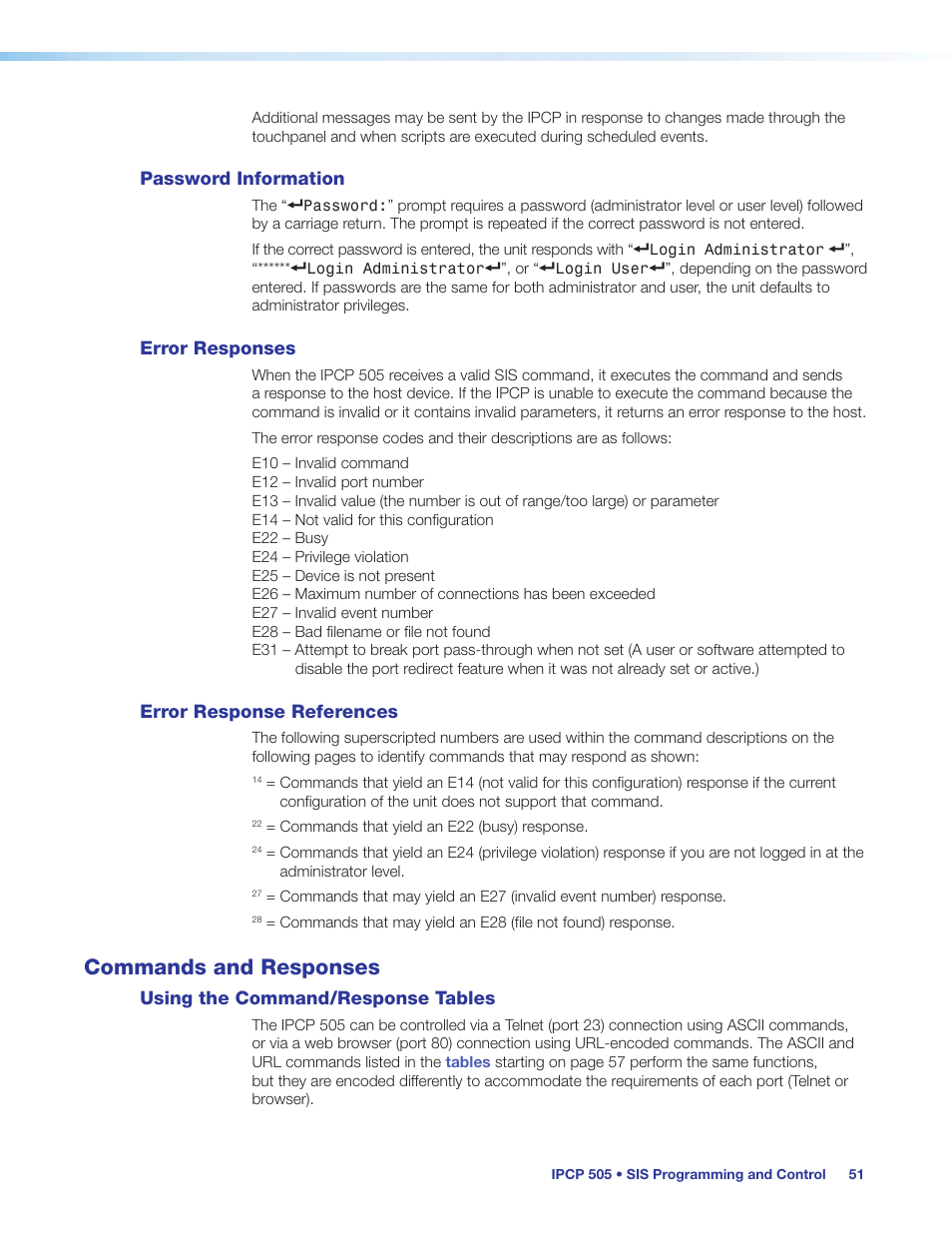 Password information, Error responses, Error response references | Commands and responses, Using the command/response tables | Extron Electronics IPCP 505 User Guide User Manual | Page 57 / 96
