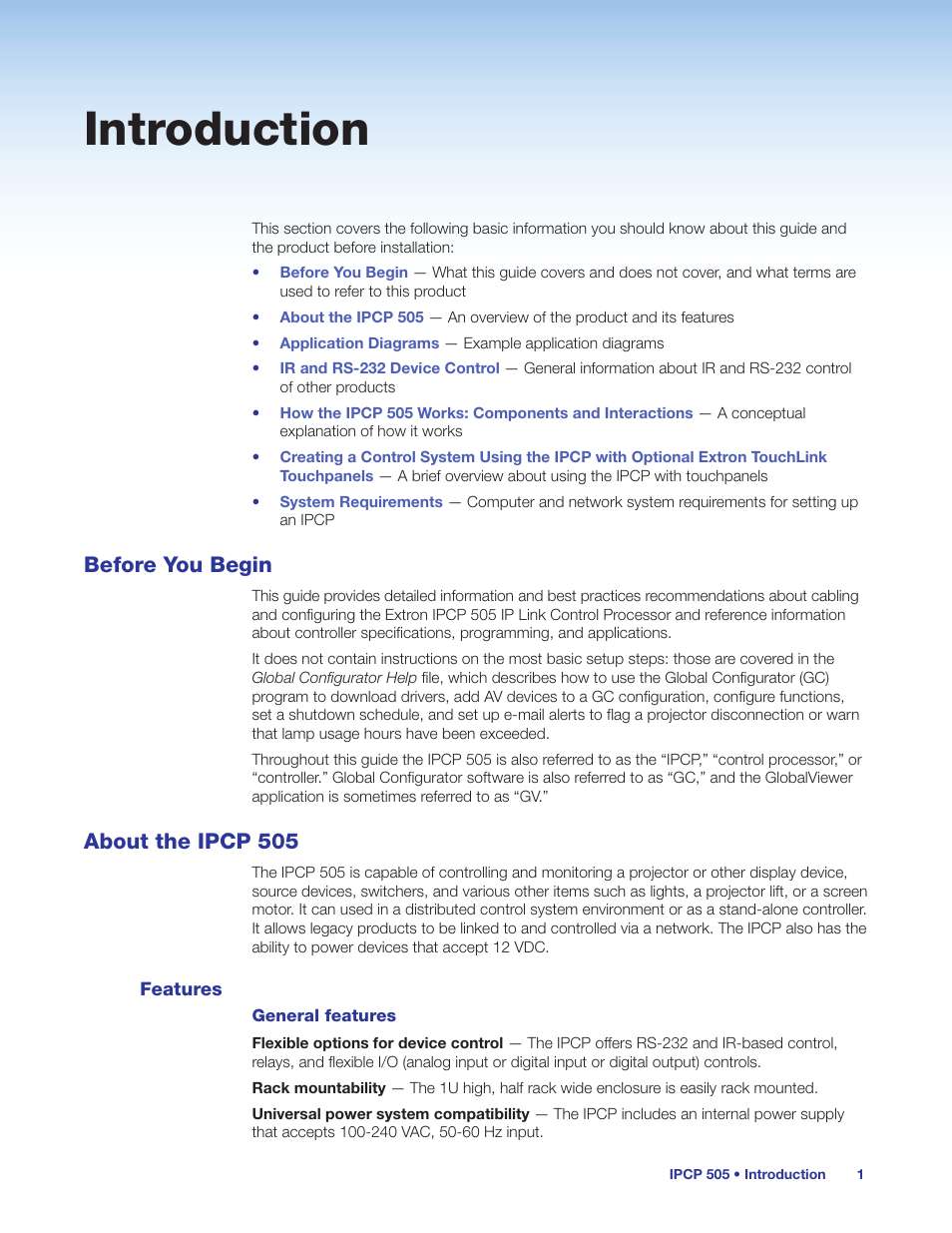 Introduction, Before you begin, About the ipcp 505 | Features, Before you begin about the ipcp 505 | Extron Electronics IPCP 505 User Guide User Manual | Page 7 / 96