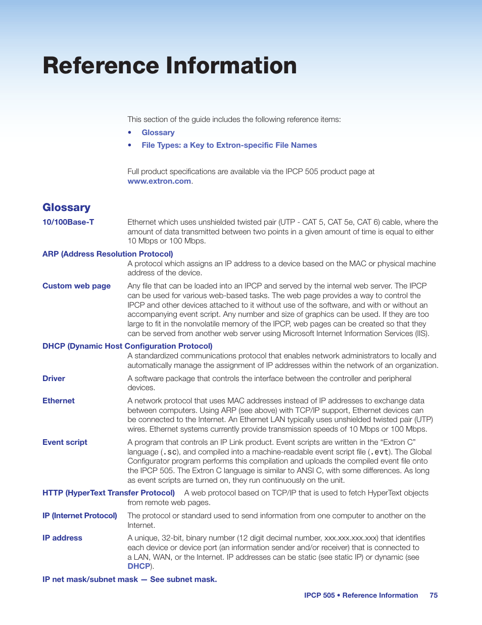 Reference information, Glossary | Extron Electronics IPCP 505 User Guide User Manual | Page 81 / 96