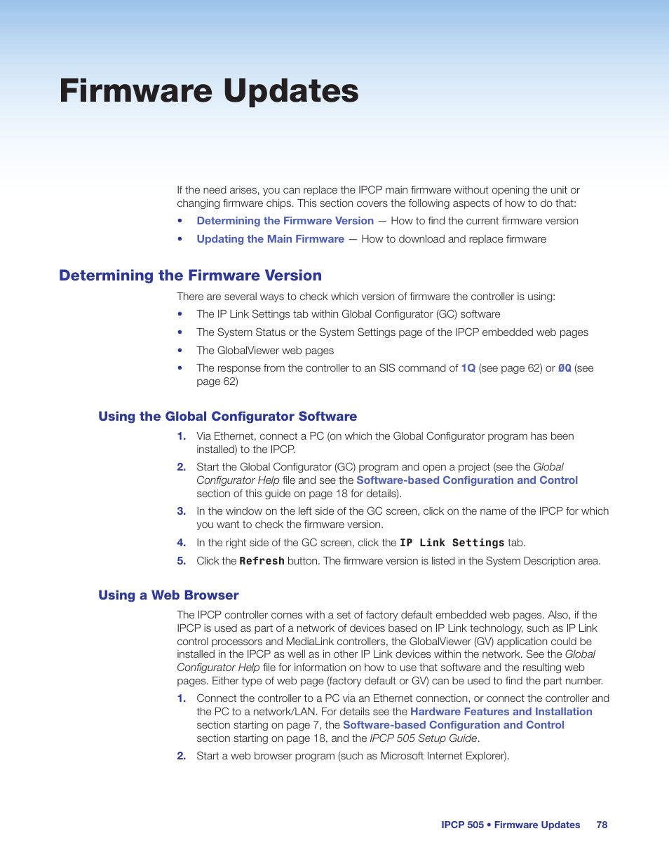 Firmware updates, Determining the firmware version, Using the global configurator software | Using a web browser, See the, Firmware, Updates, Section | Extron Electronics IPCP 505 User Guide User Manual | Page 84 / 96