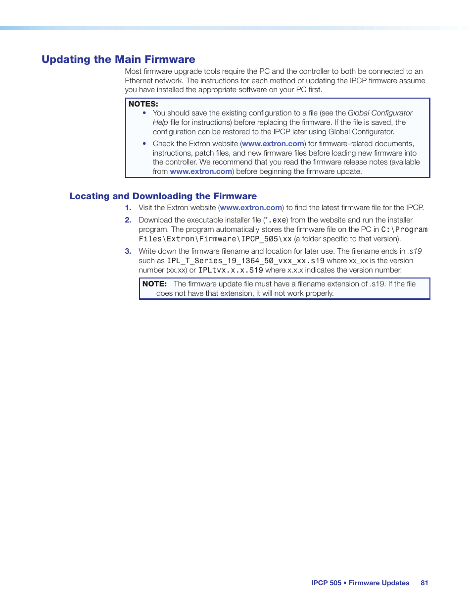 Updating the main firmware, Locating and downloading the firmware | Extron Electronics IPCP 505 User Guide User Manual | Page 87 / 96