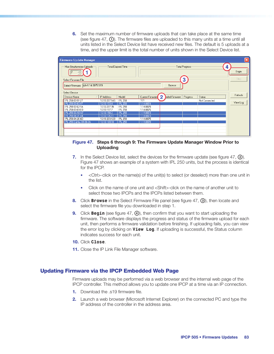 Updating firmware via the ipcp | Extron Electronics IPCP 505 User Guide User Manual | Page 89 / 96