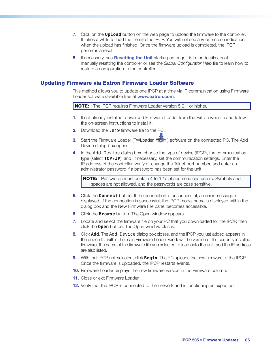 Updating firmware via extron, Firmware loader software | Extron Electronics IPCP 505 User Guide User Manual | Page 91 / 96