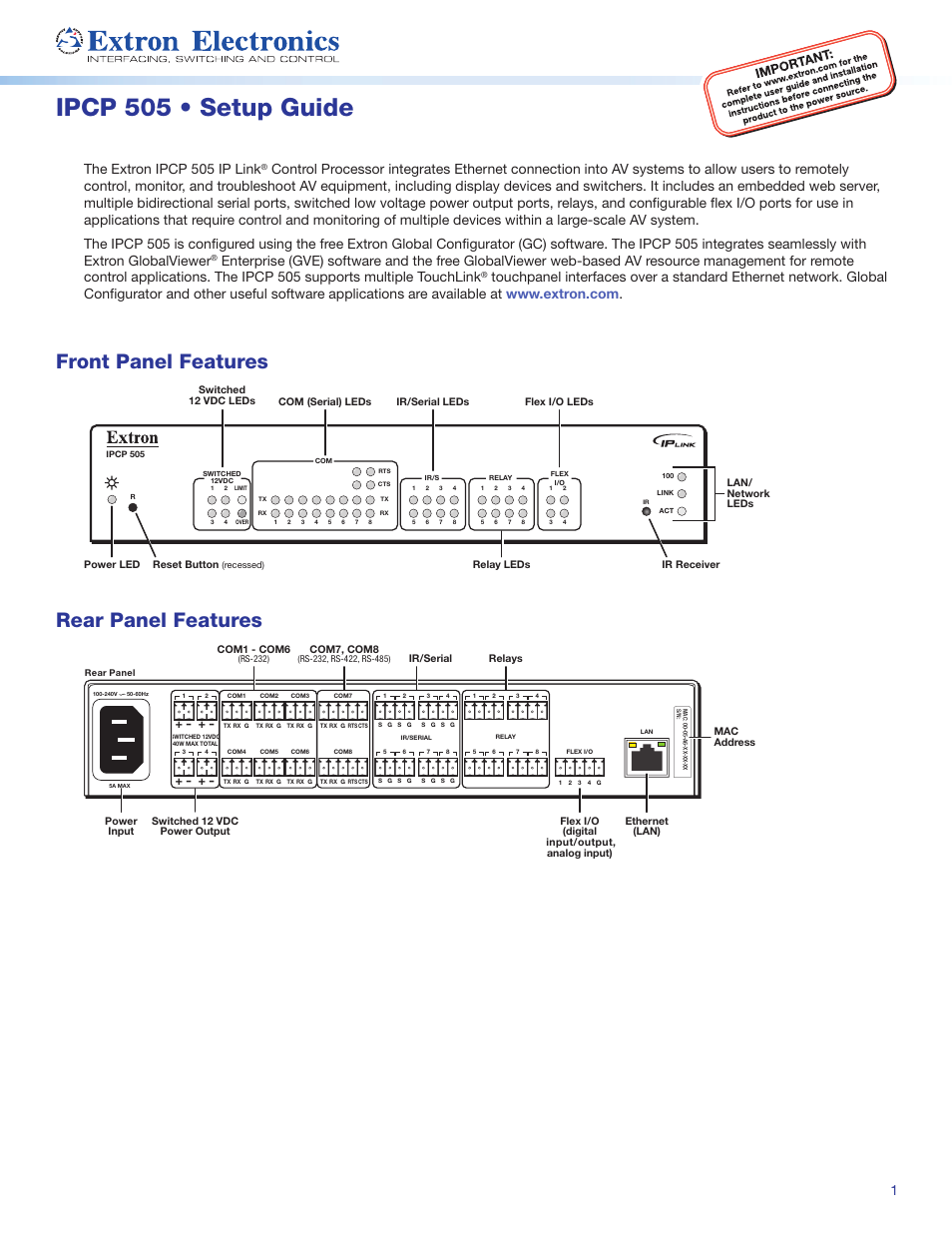Extron Electronics IPCP 505 Setup Guide User Manual | 6 pages