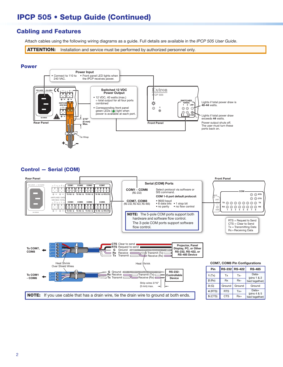 Cabling and features, Power, Control — serial (com) | Control — serial (com) 2, Ipcp 505 • setup guide (continued), Attention | Extron Electronics IPCP 505 Setup Guide User Manual | Page 2 / 6