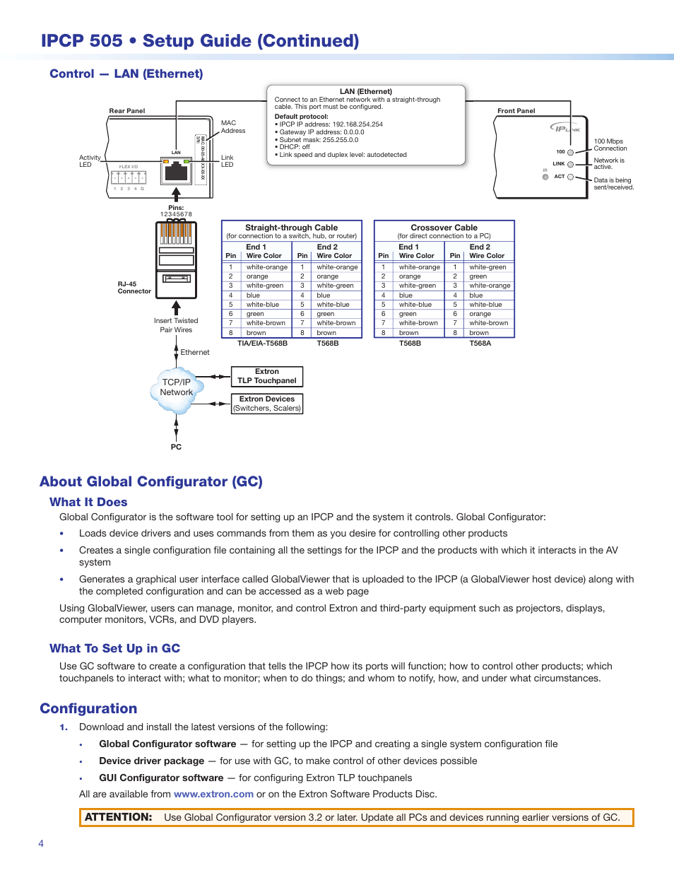 Control — lan (ethernet), About global configurator (gc), What it does | What to set up in gc, Configuration, Control — lan (ethernet) 4, Ipcp 505 • setup guide (continued), Attention | Extron Electronics IPCP 505 Setup Guide User Manual | Page 4 / 6