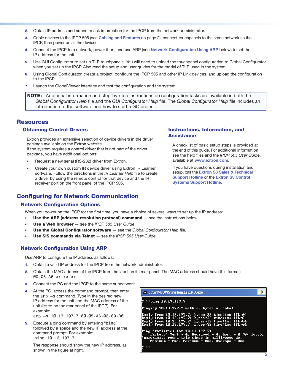 Resources, Obtaining control drivers, Instructions, information, and assistance | Configuring for network communication, Network configuration options, Network configuration using arp, Obtaining control drivers 5 | Extron Electronics IPCP 505 Setup Guide User Manual | Page 5 / 6