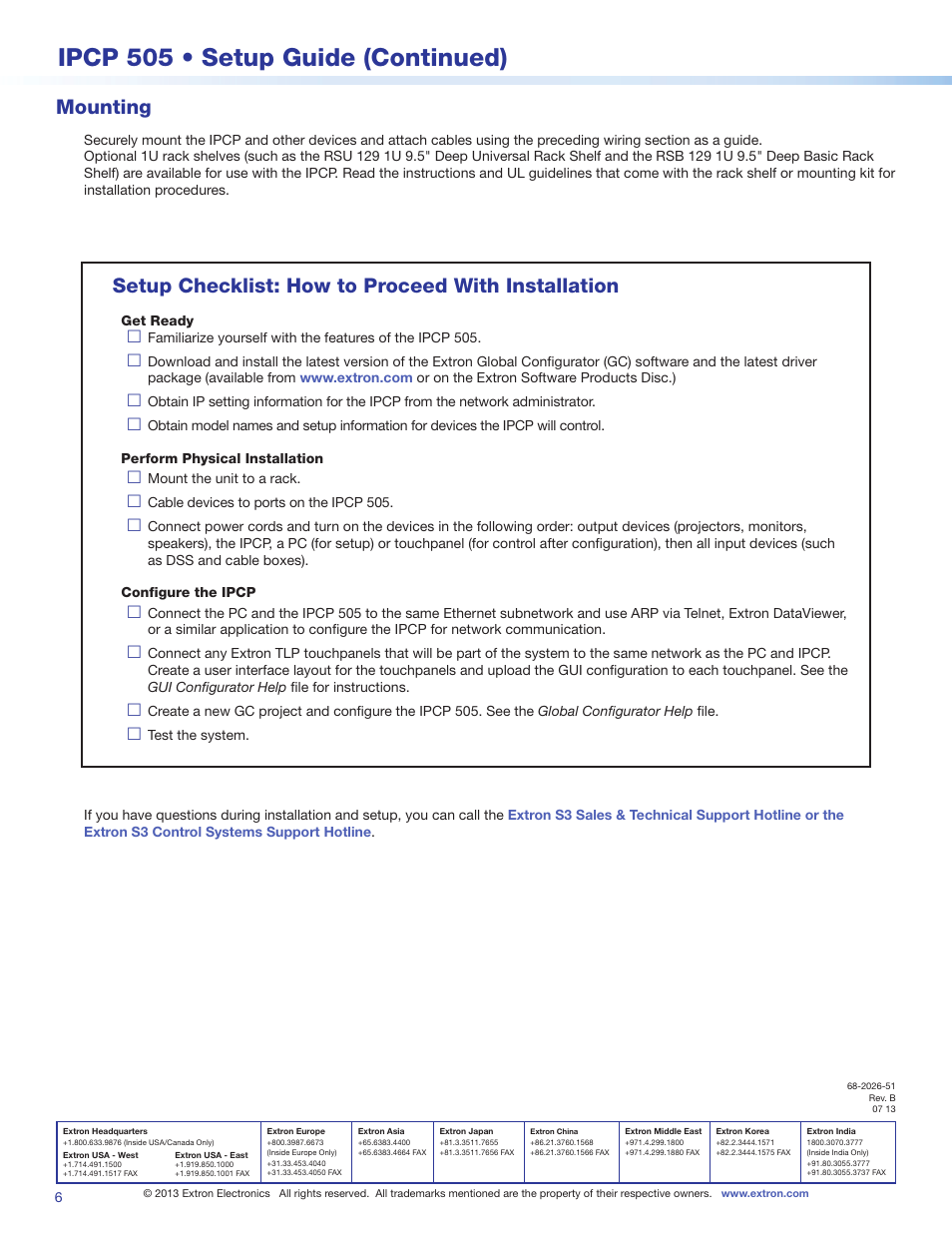 Mounting, Setup checklist: how to proceed with installation, Contact information | Ipcp 505 • setup guide (continued) | Extron Electronics IPCP 505 Setup Guide User Manual | Page 6 / 6