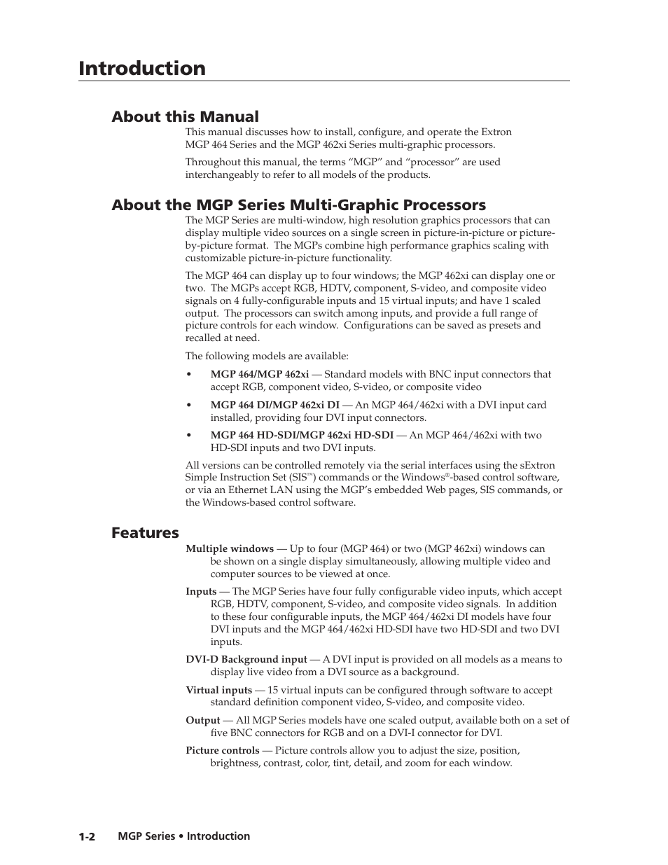 About this manual, About the mgp series multi-graphic processors, Features | Preliminar y, Introduction | Extron Electronics MGP 462xi Series User Manual | Page 10 / 146