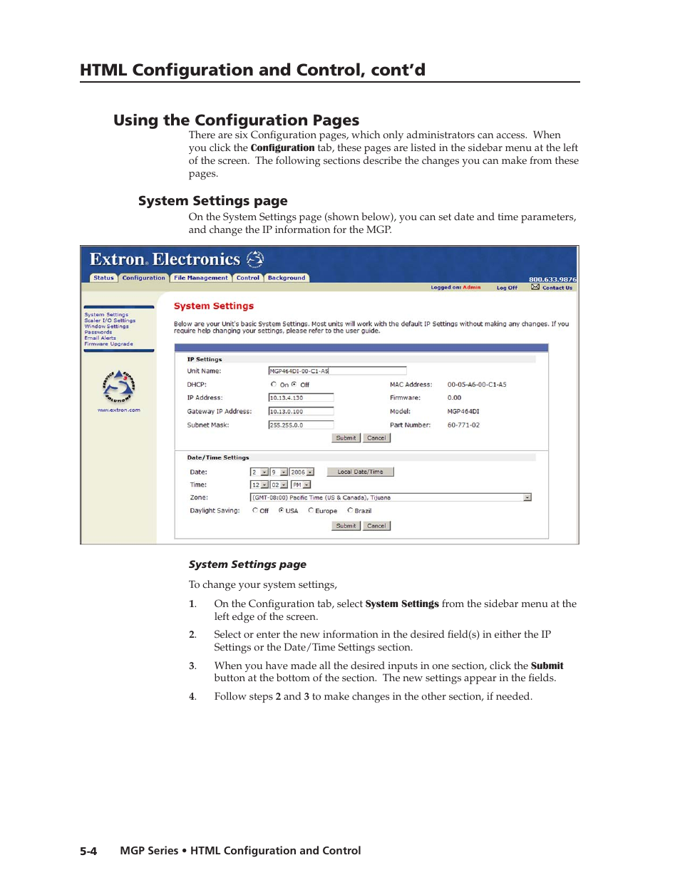 System settings page, Preliminar y, Html configuration and control, cont’d | Using the configuration pages | Extron Electronics MGP 462xi Series User Manual | Page 100 / 146