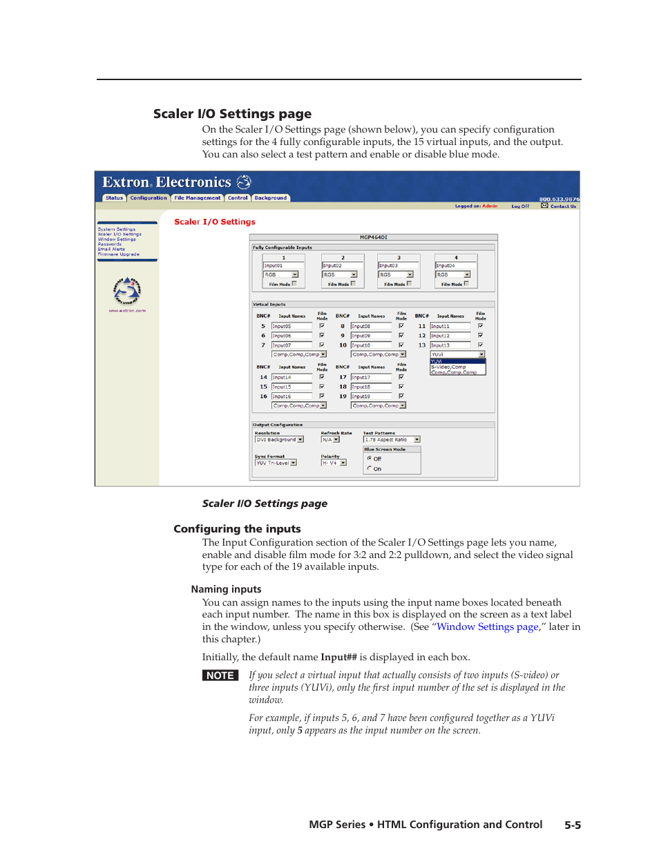 Configuring the inputs, Naming inputs, Scaler i/o settings page | Configuring the inputs -5, Naming inputs -5, Preliminar y | Extron Electronics MGP 462xi Series User Manual | Page 101 / 146