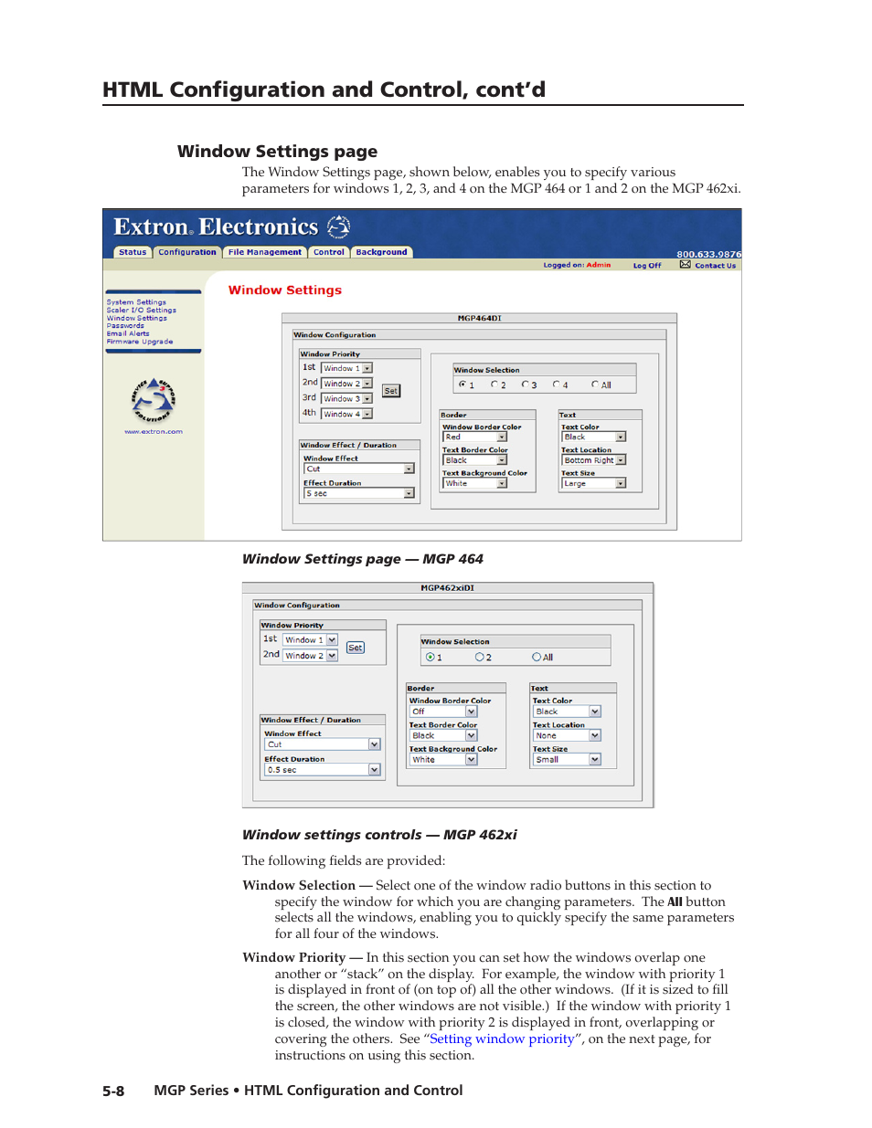 Window settings page, Preliminar y, Html configuration and control, cont’d | Extron Electronics MGP 462xi Series User Manual | Page 104 / 146