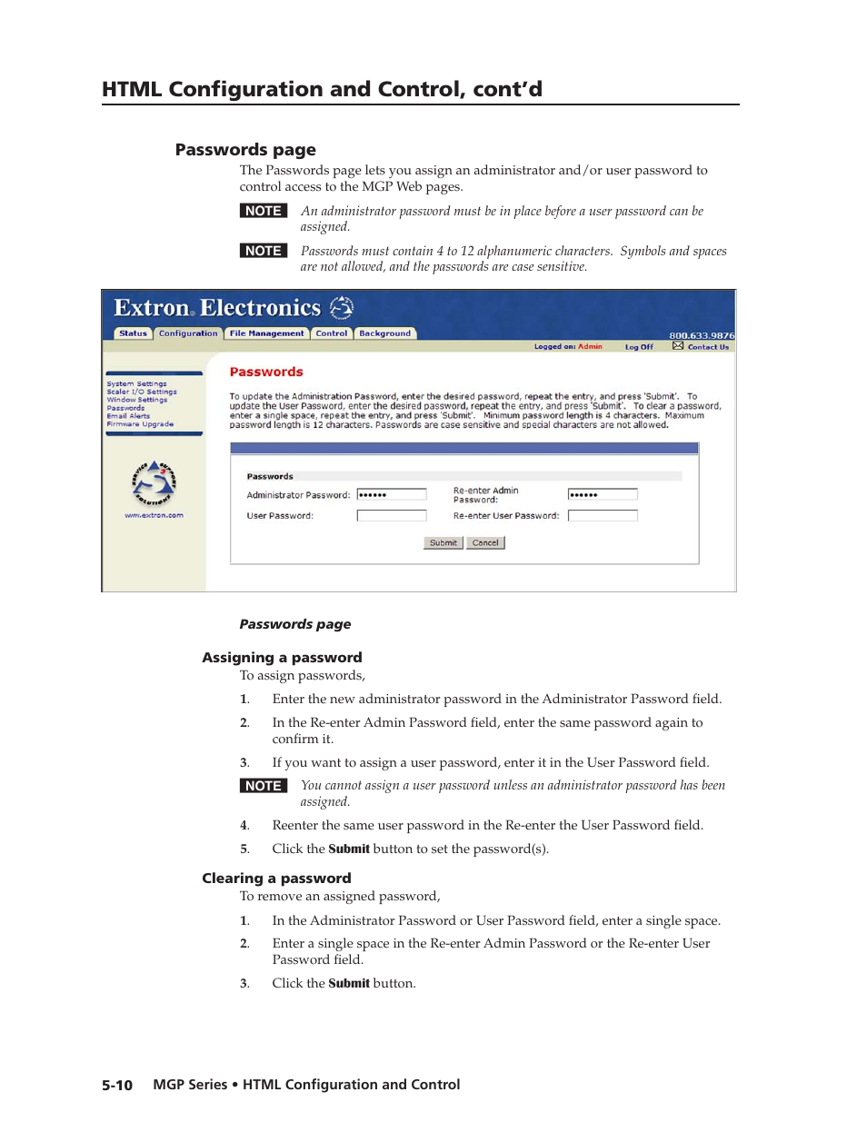 Assigning a password, Clearing a password, Passwords page | Preliminar y, Html configuration and control, cont’d | Extron Electronics MGP 462xi Series User Manual | Page 106 / 146