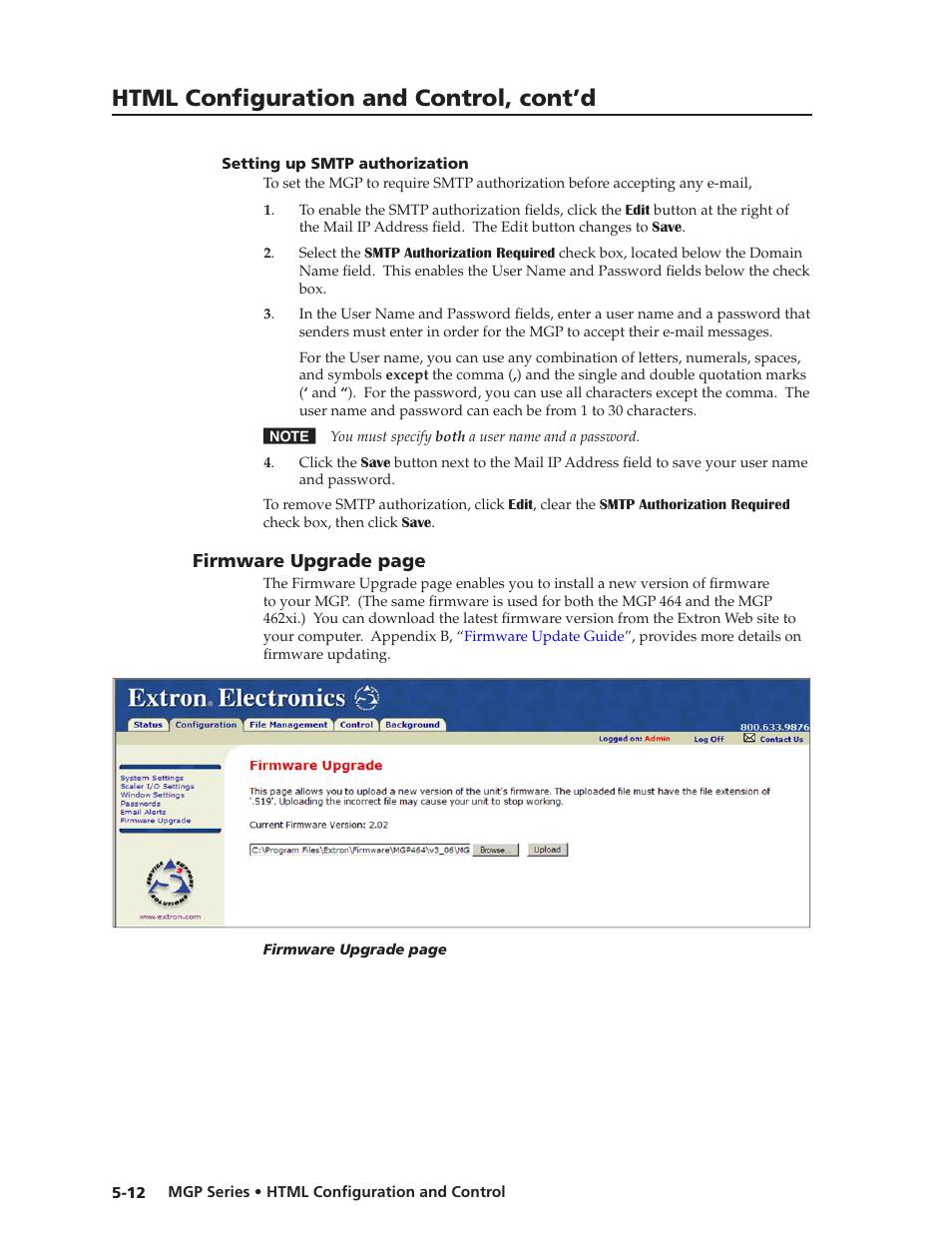 Setting up smtp authorization, Setting up smtp authorization -12, Firmware upgrade page | Preliminar y, Html configuration and control, cont’d | Extron Electronics MGP 462xi Series User Manual | Page 108 / 146