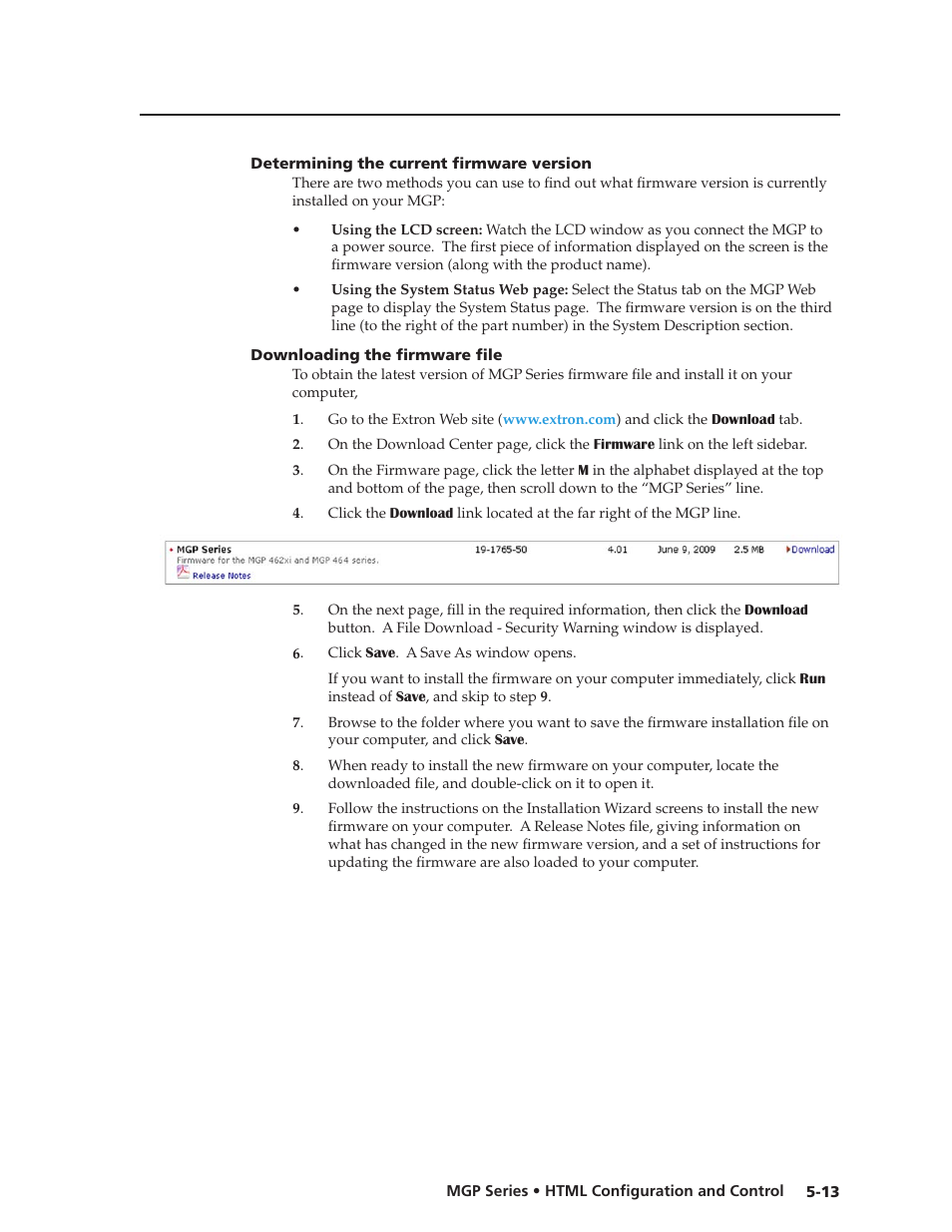 Determining the current firmware version, Downloading the firmware file, Preliminar y | Extron Electronics MGP 462xi Series User Manual | Page 109 / 146