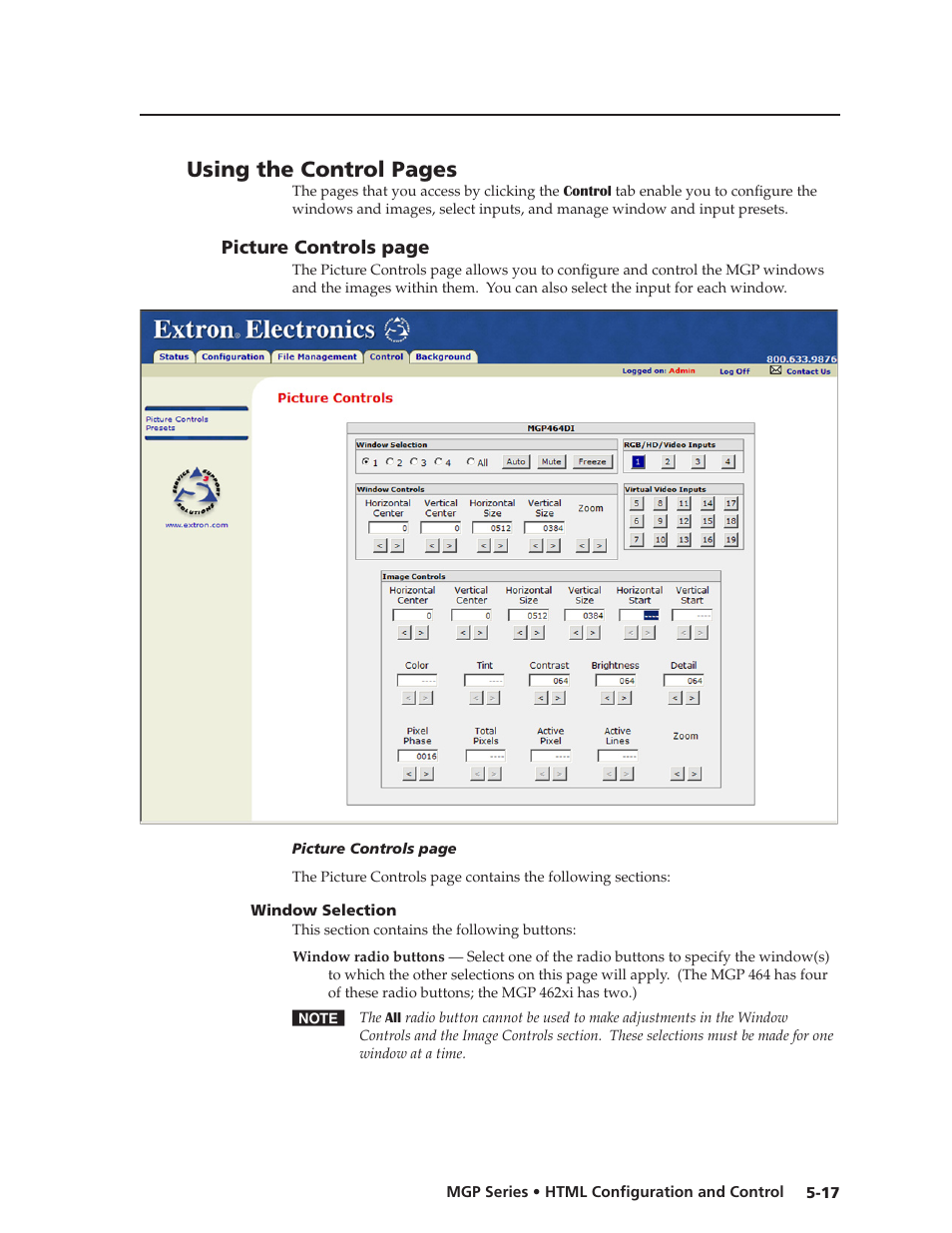 Window selection, Picture controls page, Window selection -17 | Preliminar y | Extron Electronics MGP 462xi Series User Manual | Page 113 / 146