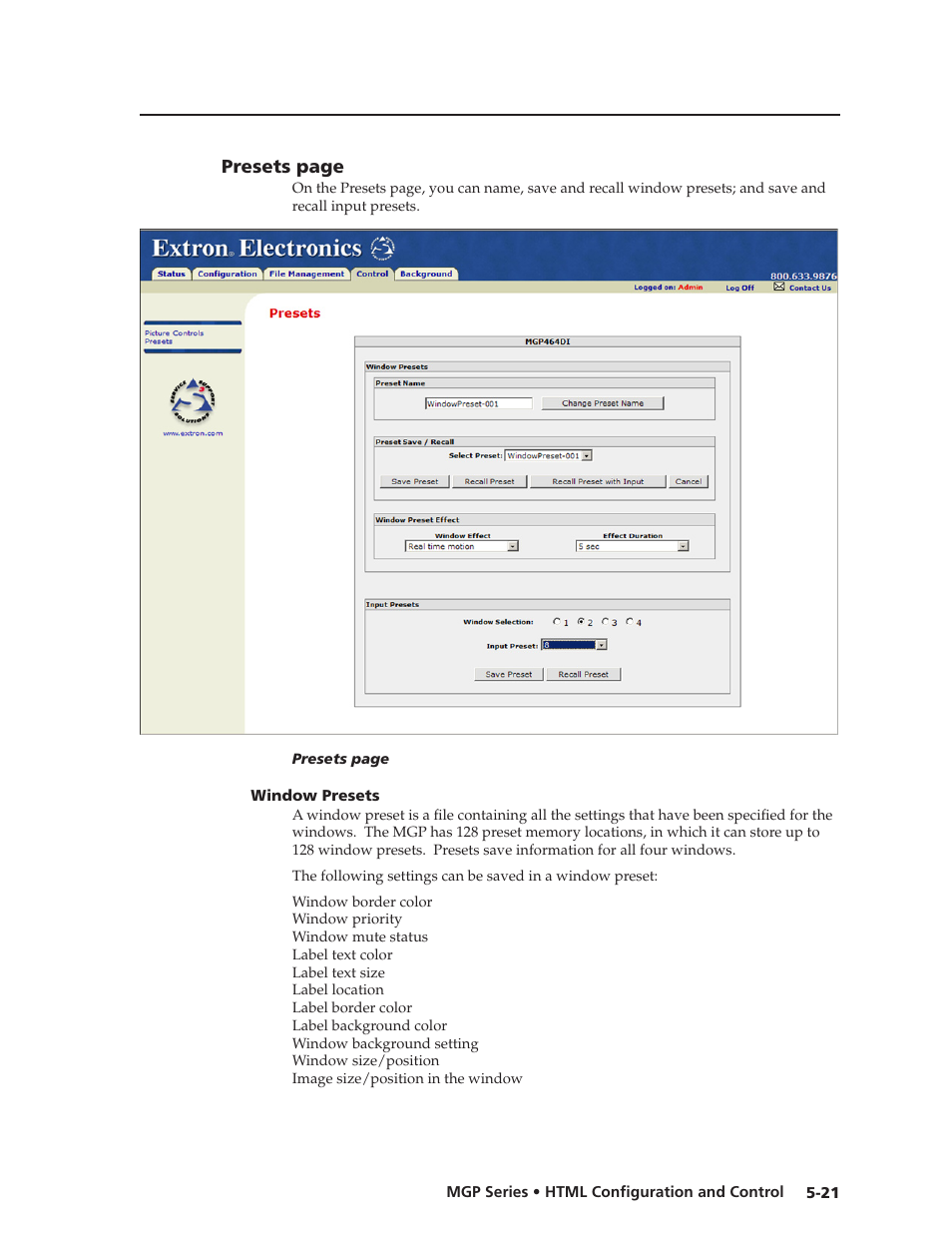 Window presets, Presets page, Window presets -21 | Ethernet connection (see, In chapter 5, “html, Preliminar y | Extron Electronics MGP 462xi Series User Manual | Page 117 / 146