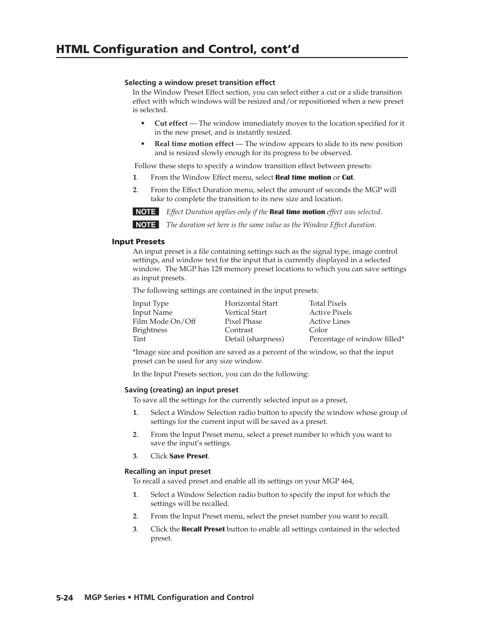 Selecting a window preset transition effect, Input presets, Saving (creating) an input preset | Recalling an input preset, Selecting a window preset transition effect -24, Input presets -24, Preliminar y, Html configuration and control, cont’d | Extron Electronics MGP 462xi Series User Manual | Page 120 / 146