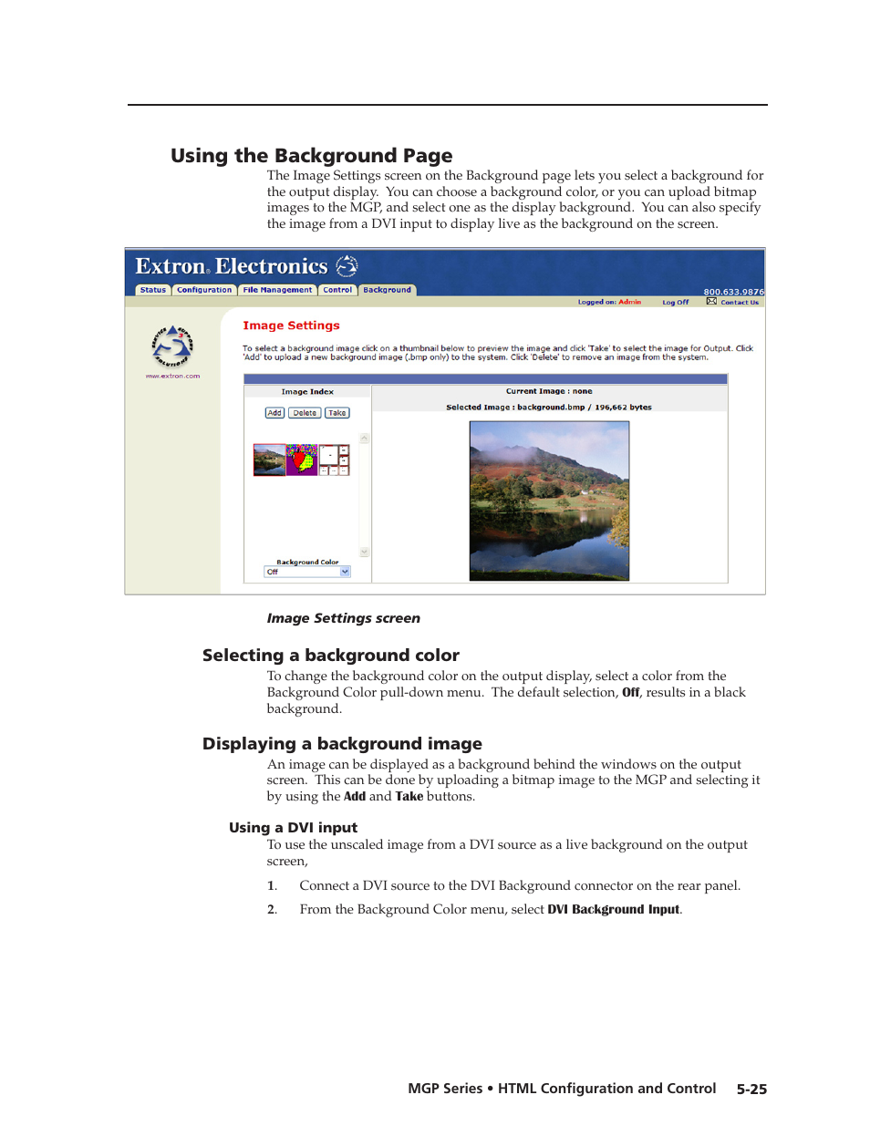 Selecting a background color, Displaying a background image, Using a dvi input | Selecting a background color, Displaying a background image, Using a dvi input -25, Preliminar y | Extron Electronics MGP 462xi Series User Manual | Page 121 / 146