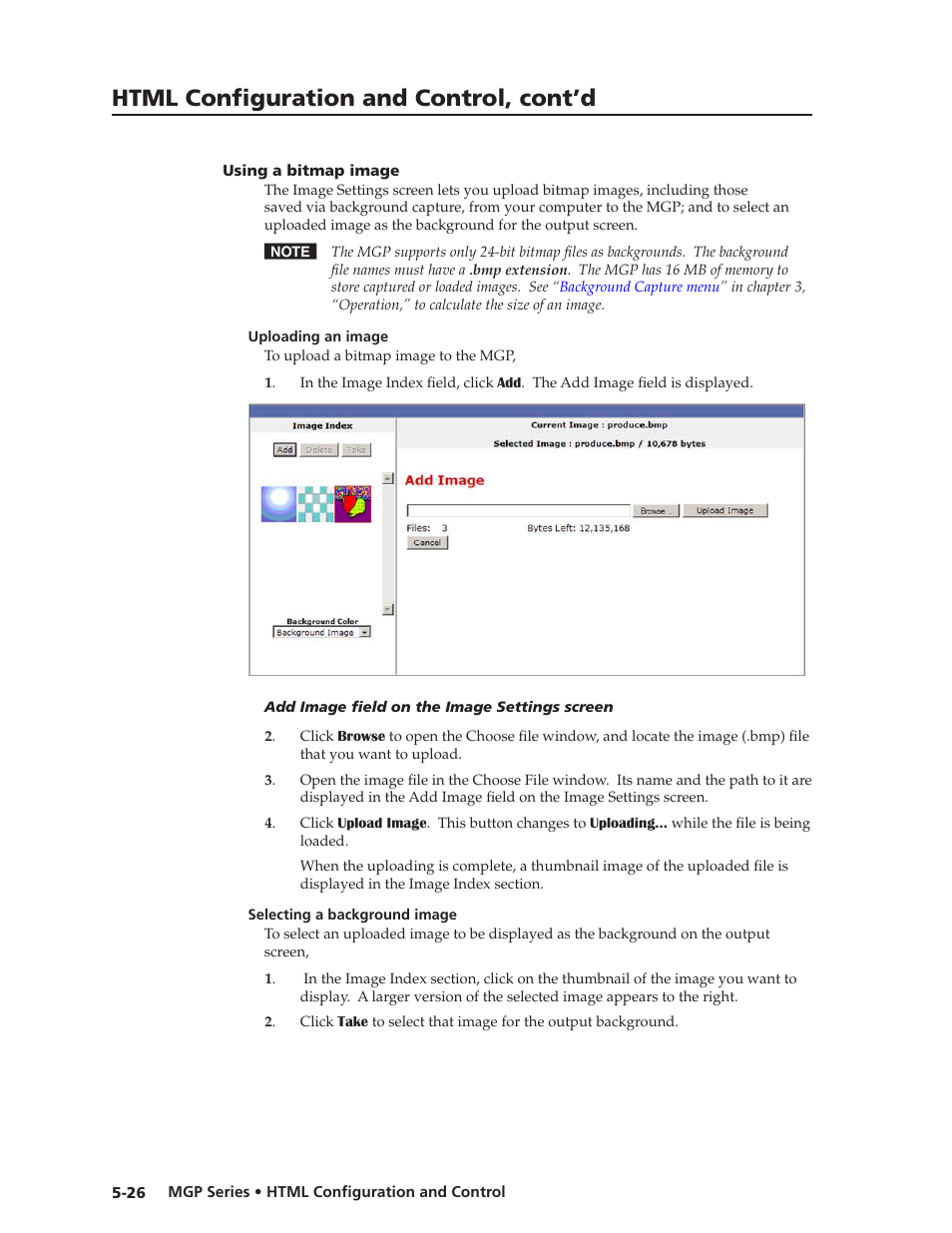 Using a bitmap image, Uploading an image, Selecting a background image | Using a bitmap image -26, Preliminar y, Html configuration and control, cont’d | Extron Electronics MGP 462xi Series User Manual | Page 122 / 146