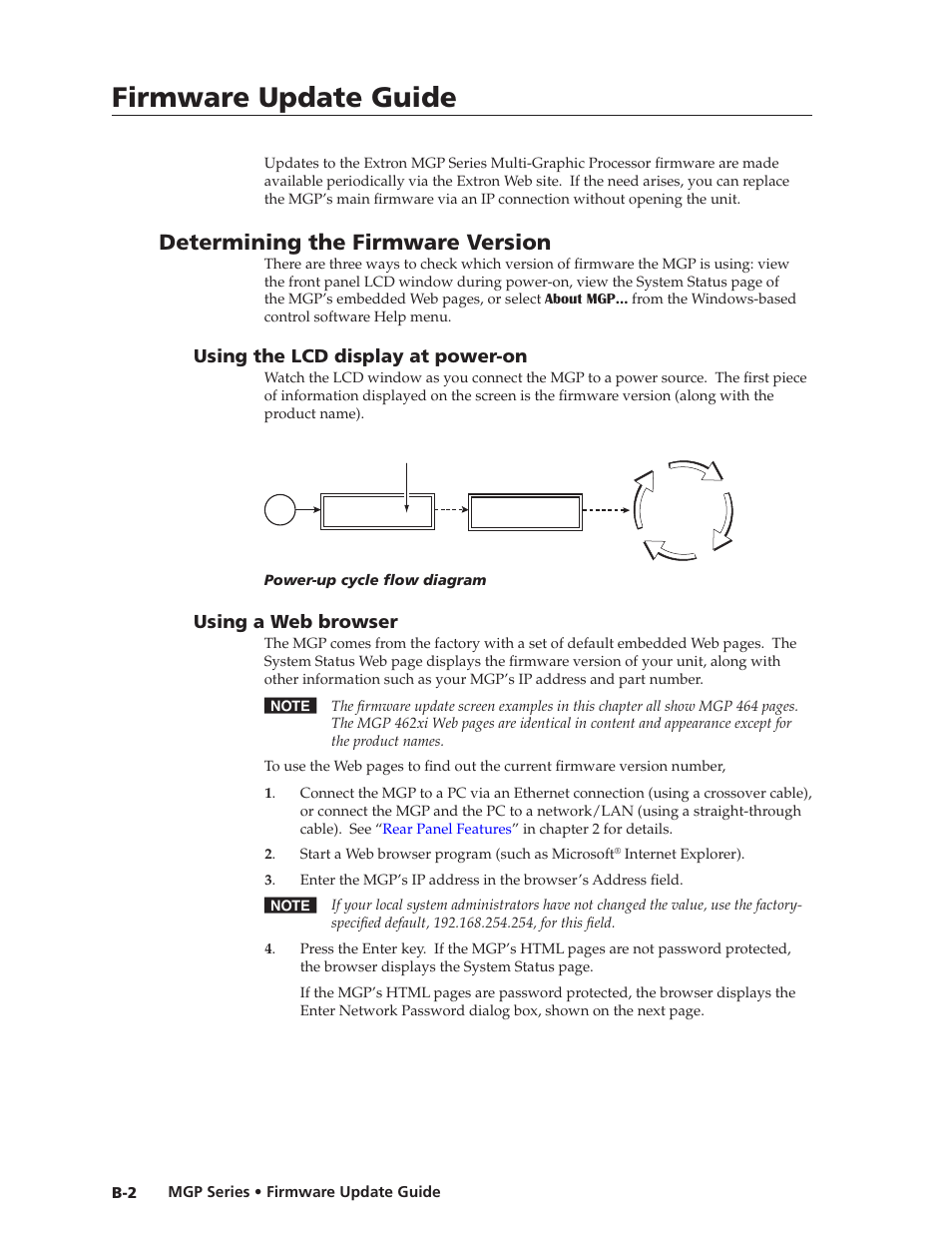 Determining the firmware version, Using the lcd display at power-on, Using a web browser | Using the lcd display at power-on, Using a web browser, Preliminar y, Firmware update guide | Extron Electronics MGP 462xi Series User Manual | Page 136 / 146