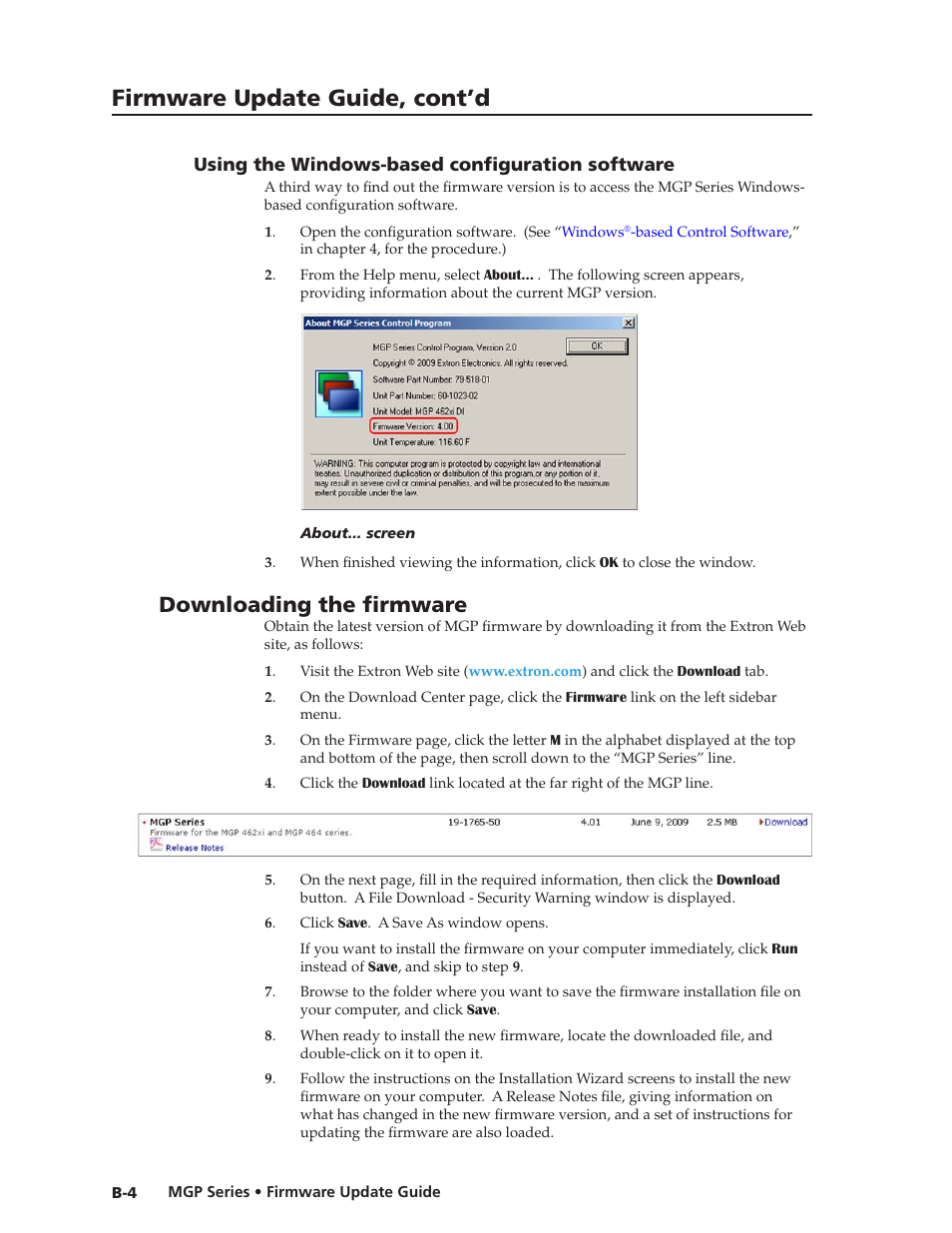 Using the windows-based configuration software, Downloading the firmware, Using the windows-based configuration software | Preliminar y, Firmware update guide, cont’d | Extron Electronics MGP 462xi Series User Manual | Page 138 / 146