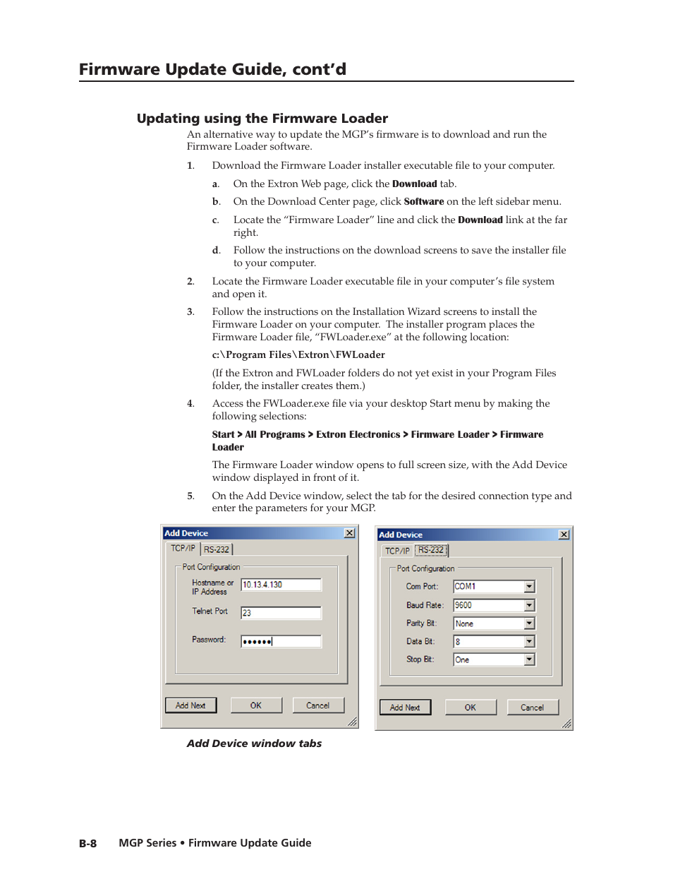 Updating using the firmware loader, Updating using the firmware loader, Preliminar y | Firmware update guide, cont’d | Extron Electronics MGP 462xi Series User Manual | Page 142 / 146