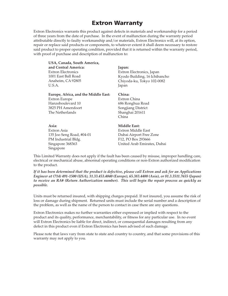 Inside rear cover: warranty, Extron warranty | Extron Electronics MGP 462xi Series User Manual | Page 145 / 146