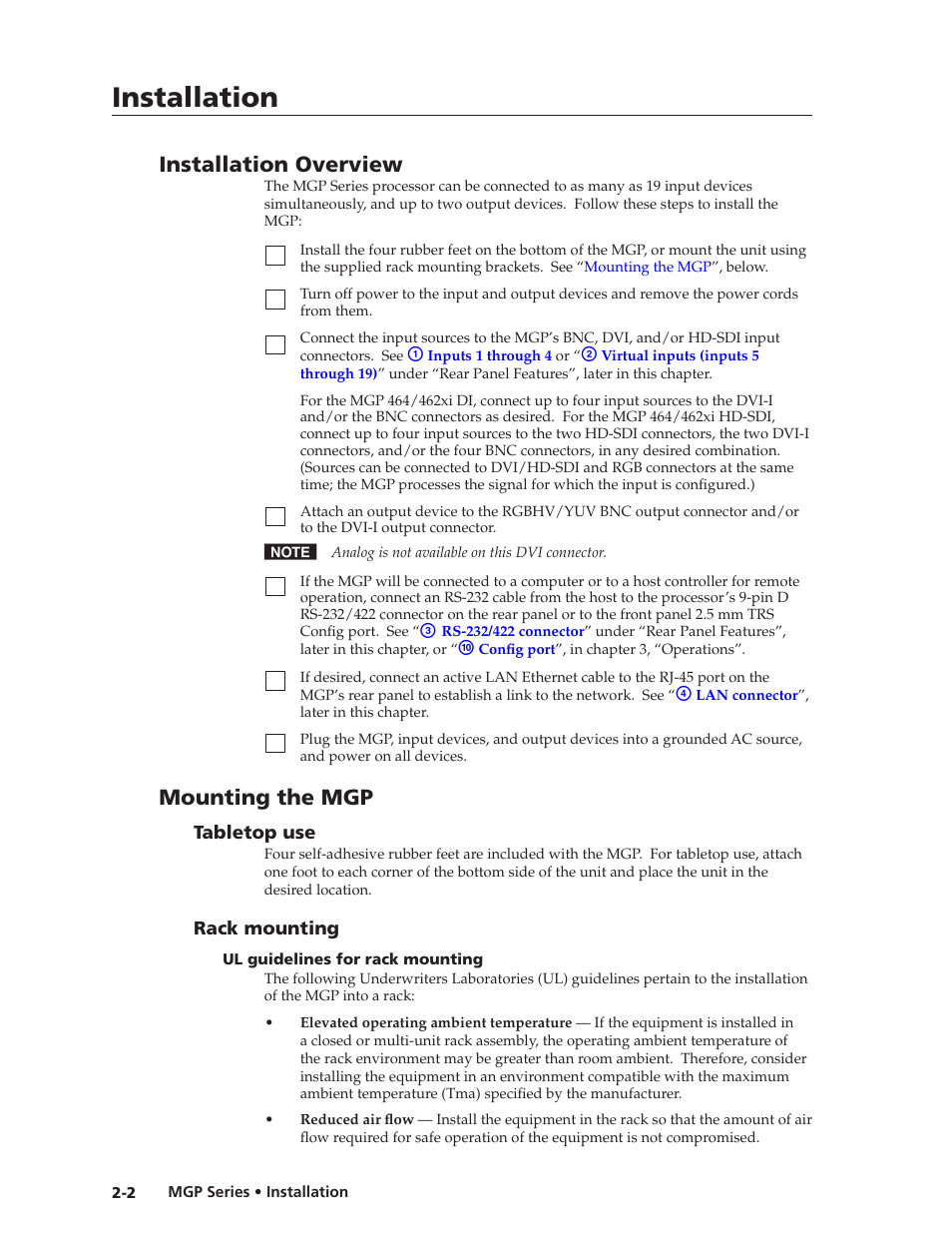 Installation overview, Mounting the mgp, Tabletop use | Rack mounting, Ul guidelines for rack mounting, Ul guidelines for rack mounting -2, Preliminar y, Installation | Extron Electronics MGP 462xi Series User Manual | Page 16 / 146