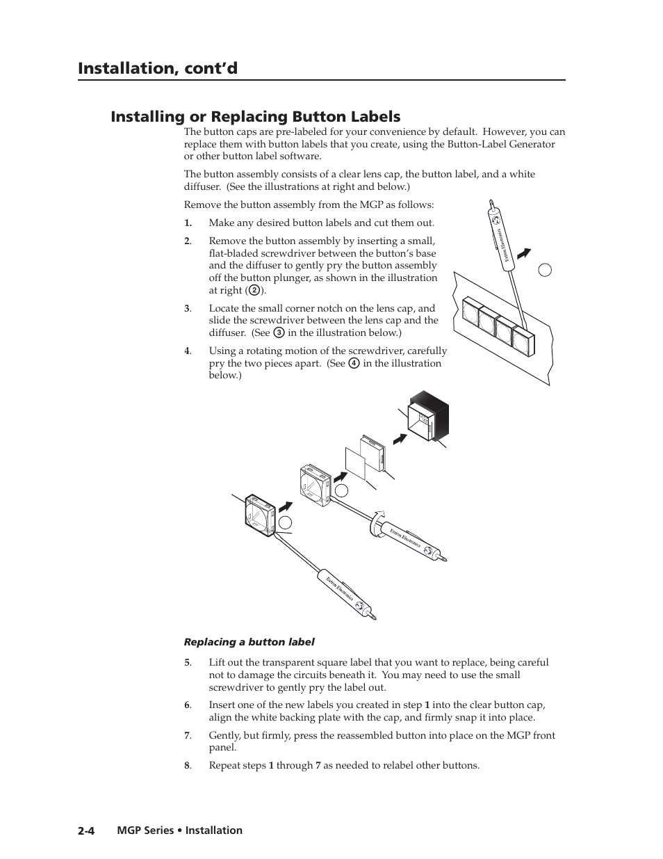 Installing or replacing button labels, Preliminar y, Installation, cont’d | Extron Electronics MGP 462xi Series User Manual | Page 18 / 146