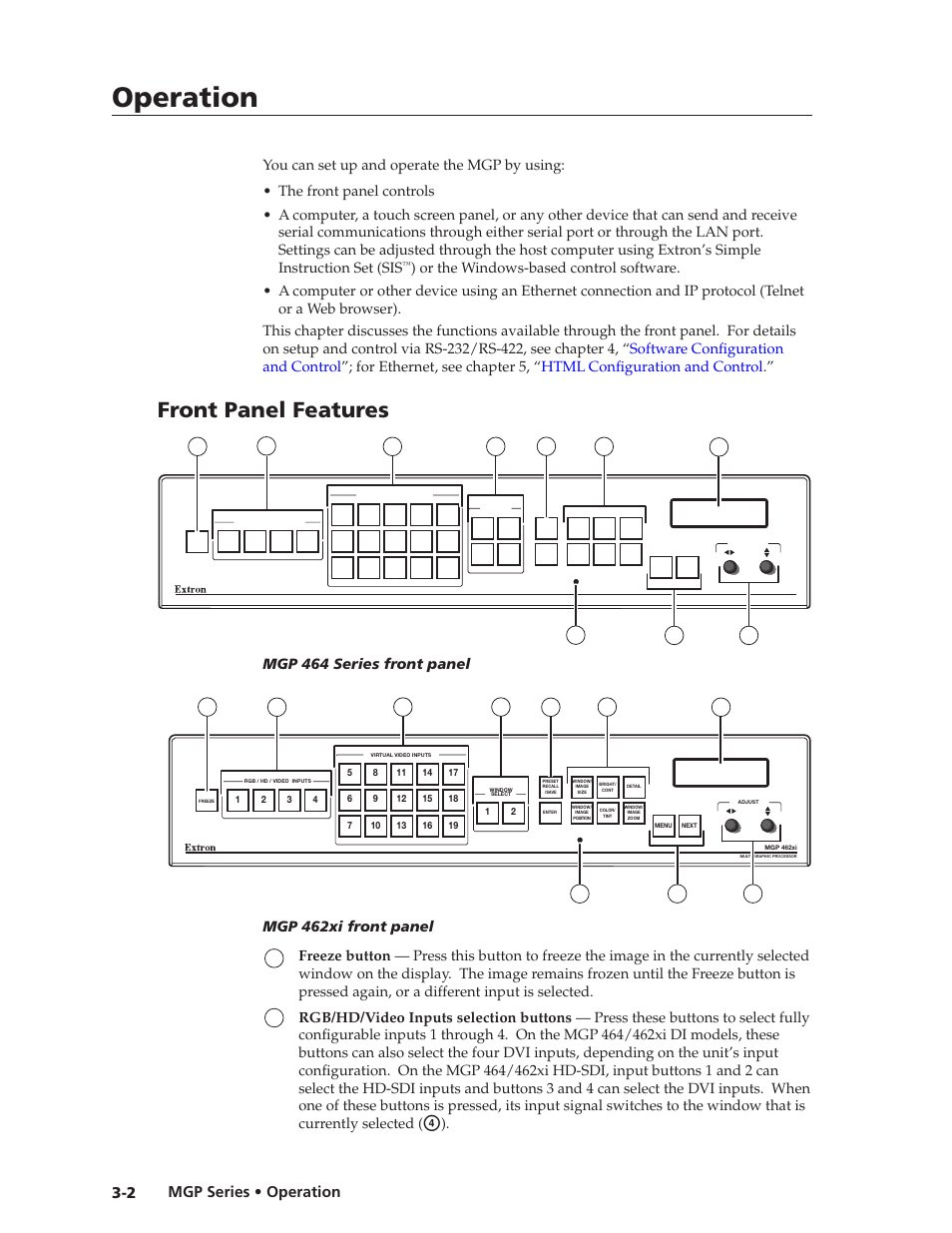Front panel features, Preliminar y, Operation | Mgp series • operation 3-2, Mgp 464 series front panel, Mgp 462xi front panel | Extron Electronics MGP 462xi Series User Manual | Page 24 / 146