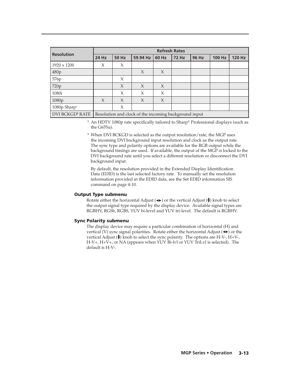 Output type submenu, Sync polarity submenu, Output type submenu -13 sync polarity submenu -13 | Preliminar y | Extron Electronics MGP 462xi Series User Manual | Page 35 / 146