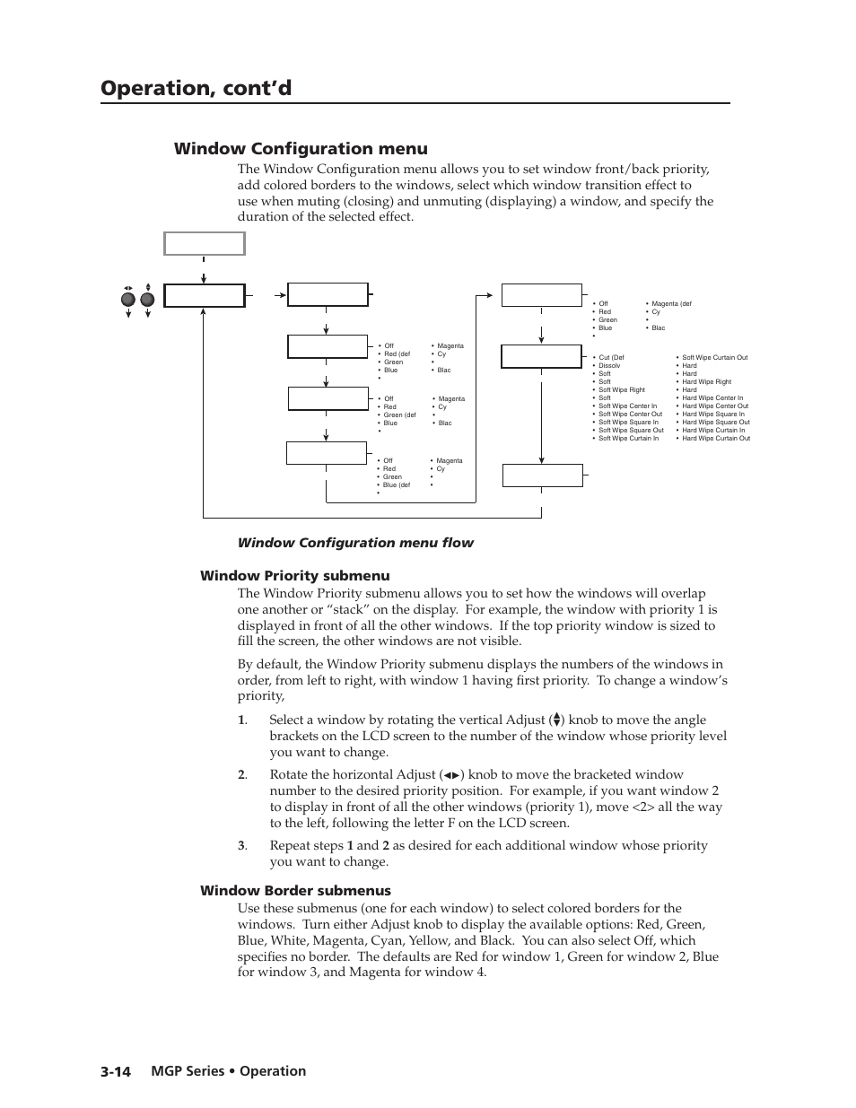 Window configuration menu, Window priority submenu, Window border submenus | Window configuration menu, Later in this chapter, Preliminar y, Operation, cont’d, Mgp series • operation 3-14, Window configuration menu flow | Extron Electronics MGP 462xi Series User Manual | Page 36 / 146