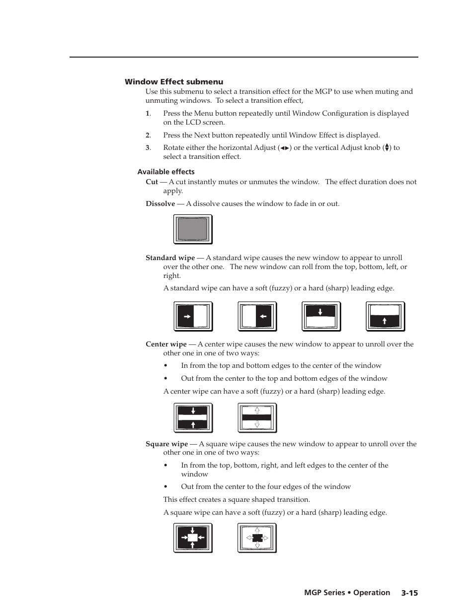 Window effect submenu, Available effects, Window effect submenu -15 | Available effects -15, Preliminar y | Extron Electronics MGP 462xi Series User Manual | Page 37 / 146