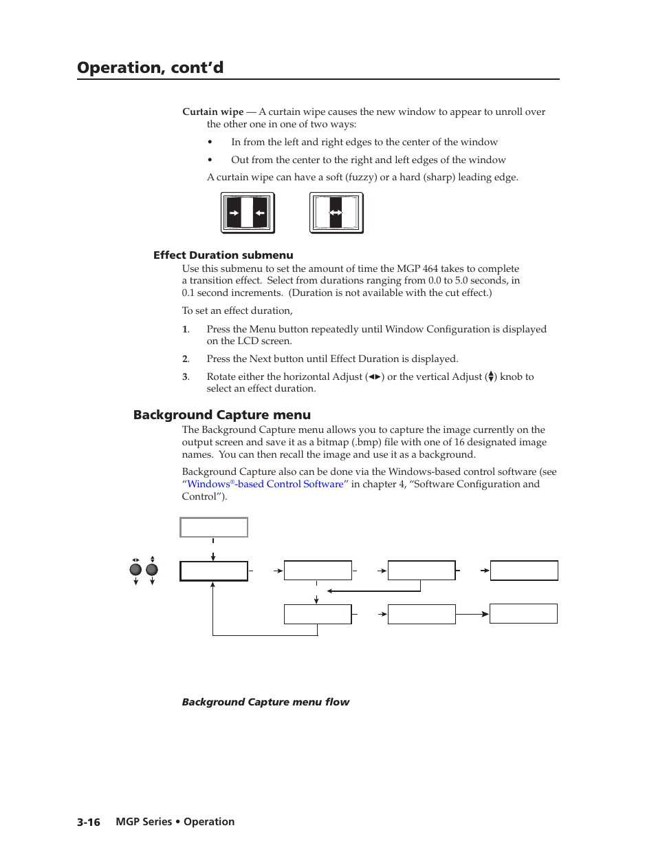 Effect duration submenu, Background capture menu, Effect duration submenu -16 | Background capture menu, Preliminar y, Operation, cont’d | Extron Electronics MGP 462xi Series User Manual | Page 38 / 146