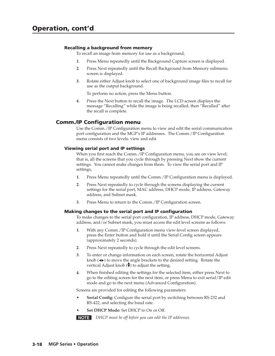 Recalling a background from memory, Comm./ip configuration menu, Viewing serial port and ip settings | Recalling a background from memory -18, Comm./ip configuration menu, Ont panel (see, Comm./ip configuration, Menu, Preliminar y, Operation, cont’d | Extron Electronics MGP 462xi Series User Manual | Page 40 / 146