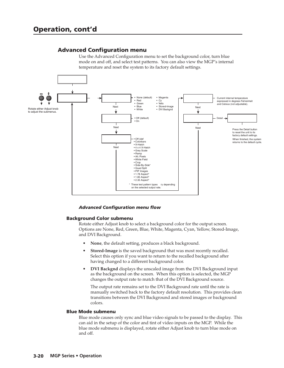 Advanced configuration menu, Background color submenu, Blue mode submenu | Advanced configuration menu, Preliminar y, Operation, cont’d, Mgp series • operation 3-20 | Extron Electronics MGP 462xi Series User Manual | Page 42 / 146