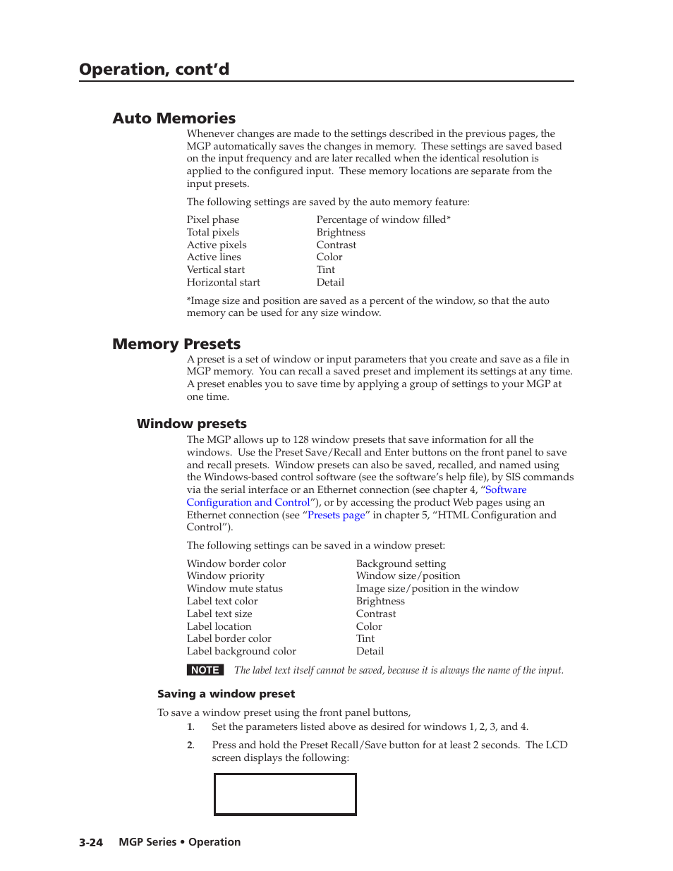 Auto memories, Memory presets, Window presets | Saving a window preset, Window presets, Esets. see, Preliminar y, Operation, cont’d | Extron Electronics MGP 462xi Series User Manual | Page 46 / 146